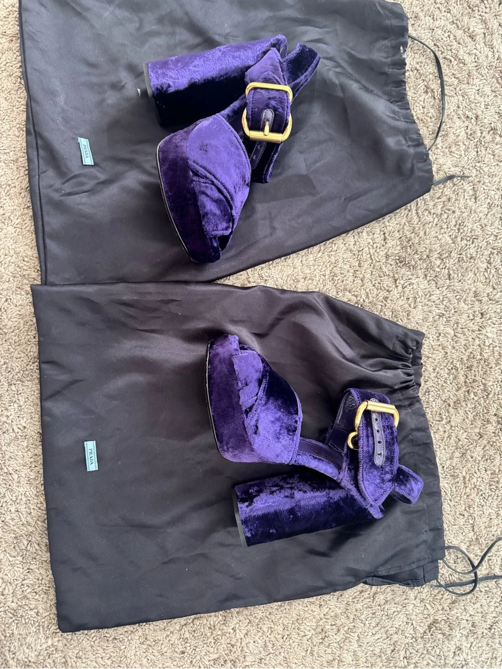 Prada Purple Velvet Platform Heels with Gold Buckle